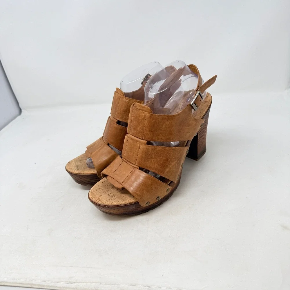 Kork-Ease Platform Sandals‎ Tan Leather Wood Block Heel 10M Boho Slingback